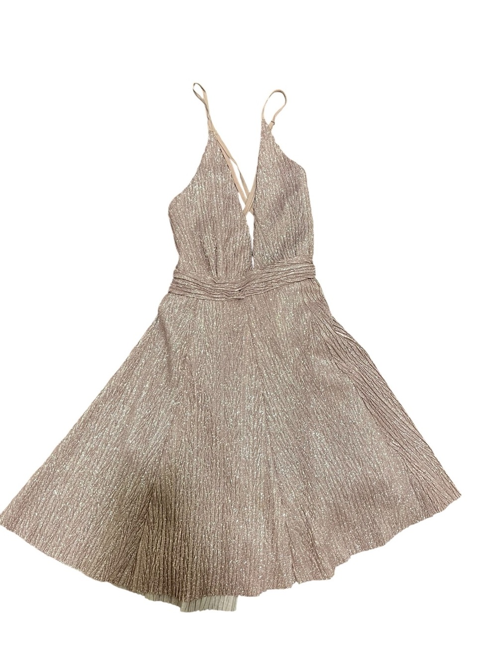 Pink Lily Sparkle Pleated V-Neck Dress Rose Gold M - NEW